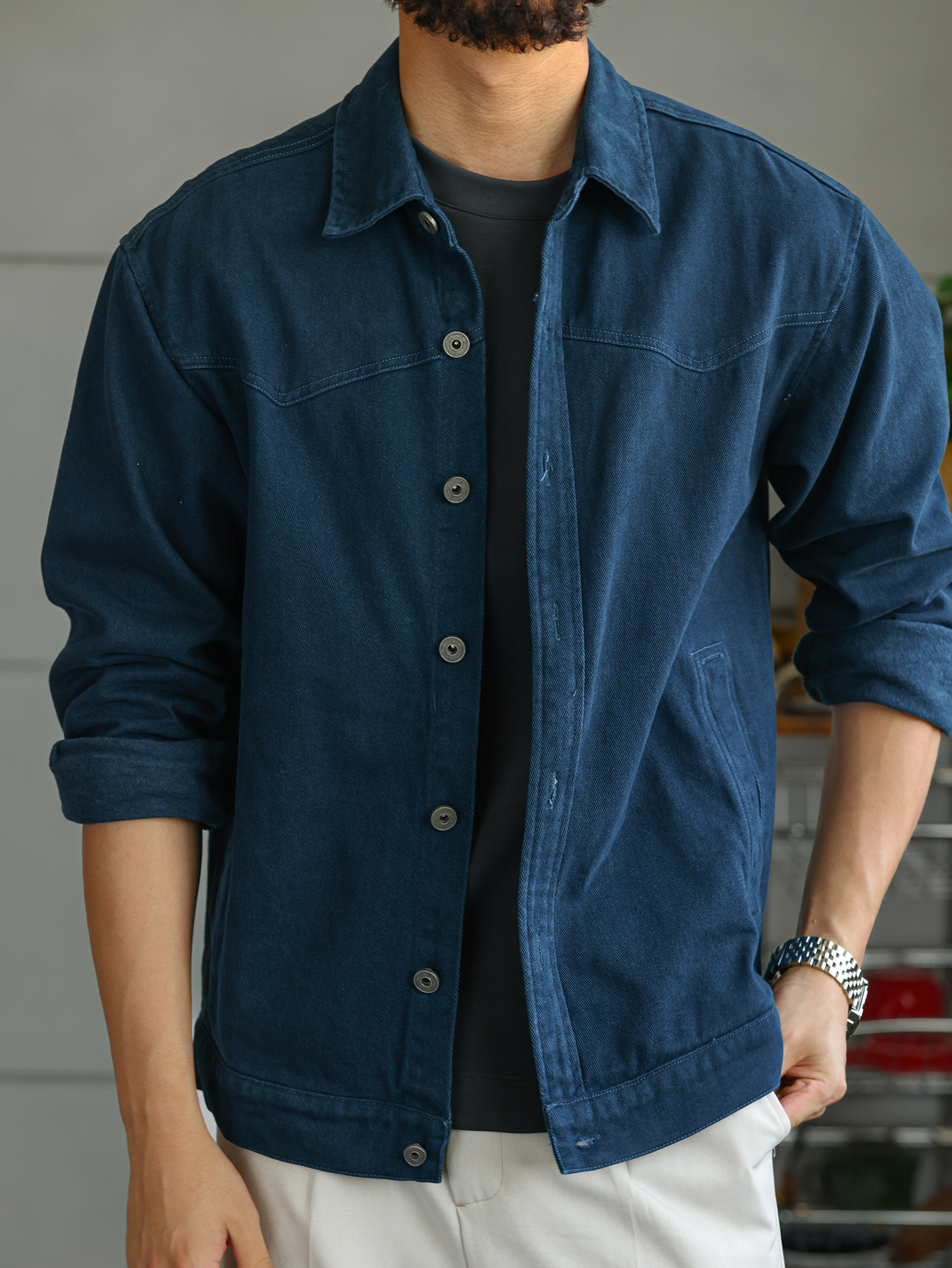 【多瑙河畔】法工藍水洗棉夾克男士秋季復古工裝外套上衣