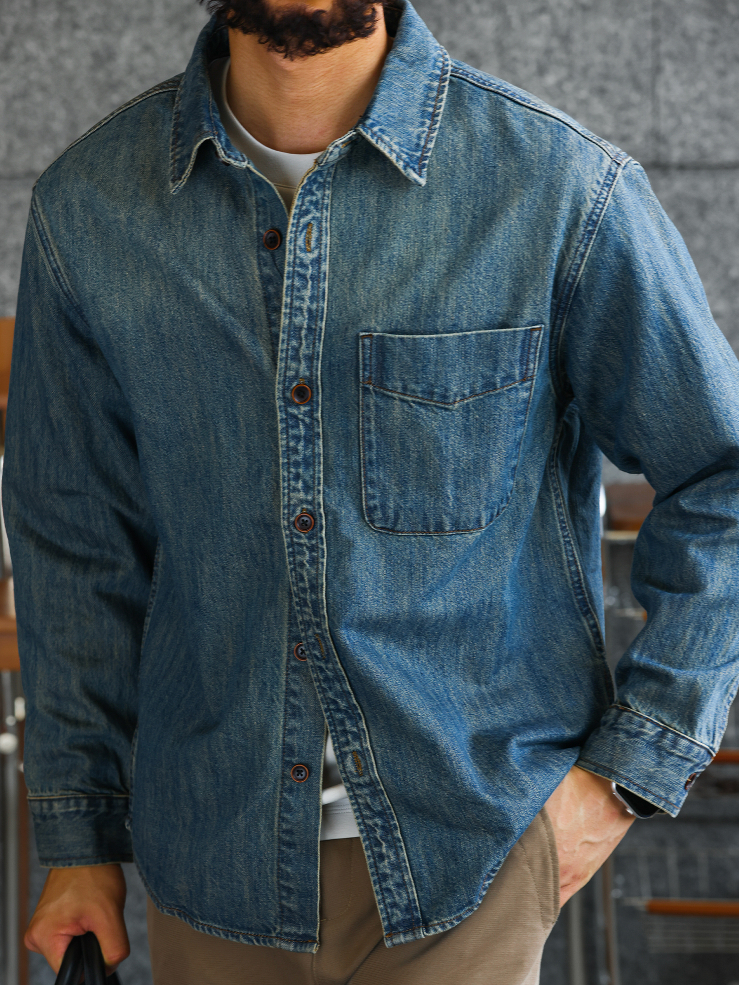 【純棉丹寧】復古長袖牛仔襯衫男100%長絨棉休閒襯衣外套