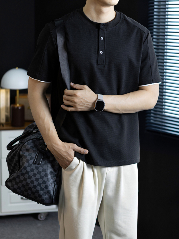 美式休閒風短袖男t恤撞色拼接假兩件polo衫夏季輕薄透氣半袖上衣