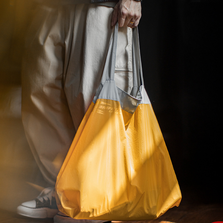 日系折疊大容量托特包黃色超輕便尼龍戶外通勤旅行手提包