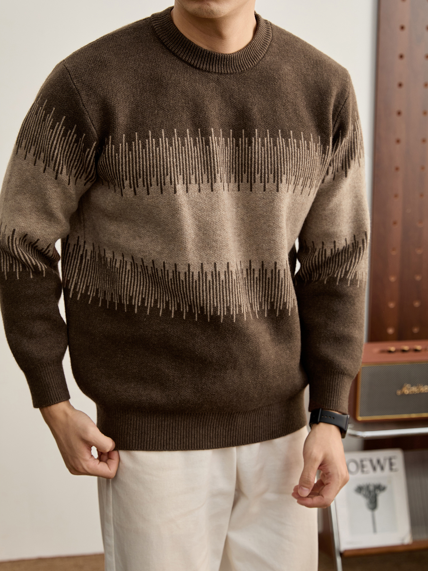 高克重750g個性酷潮圓領長袖針織衫男冬聲波狀紋理撞色毛衣