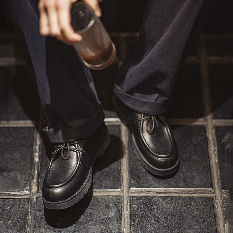 美式復古莫卡辛袋鼠鞋英倫休閒黑色圓頭德比小皮鞋男春-Retro's Wear