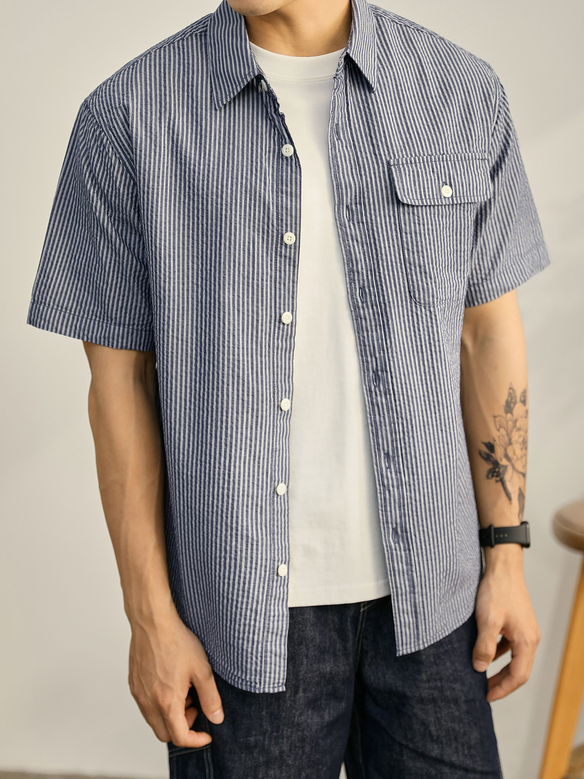 輕熟風男士條紋襯衫肌理感文藝韓範翻領上衣慵懶感簡約短袖襯衫