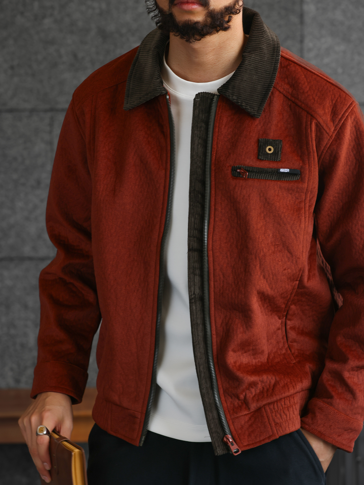 【谷仓美学】重磅灯芯绒撞色翻领毛呢外套男士呢子夹克男