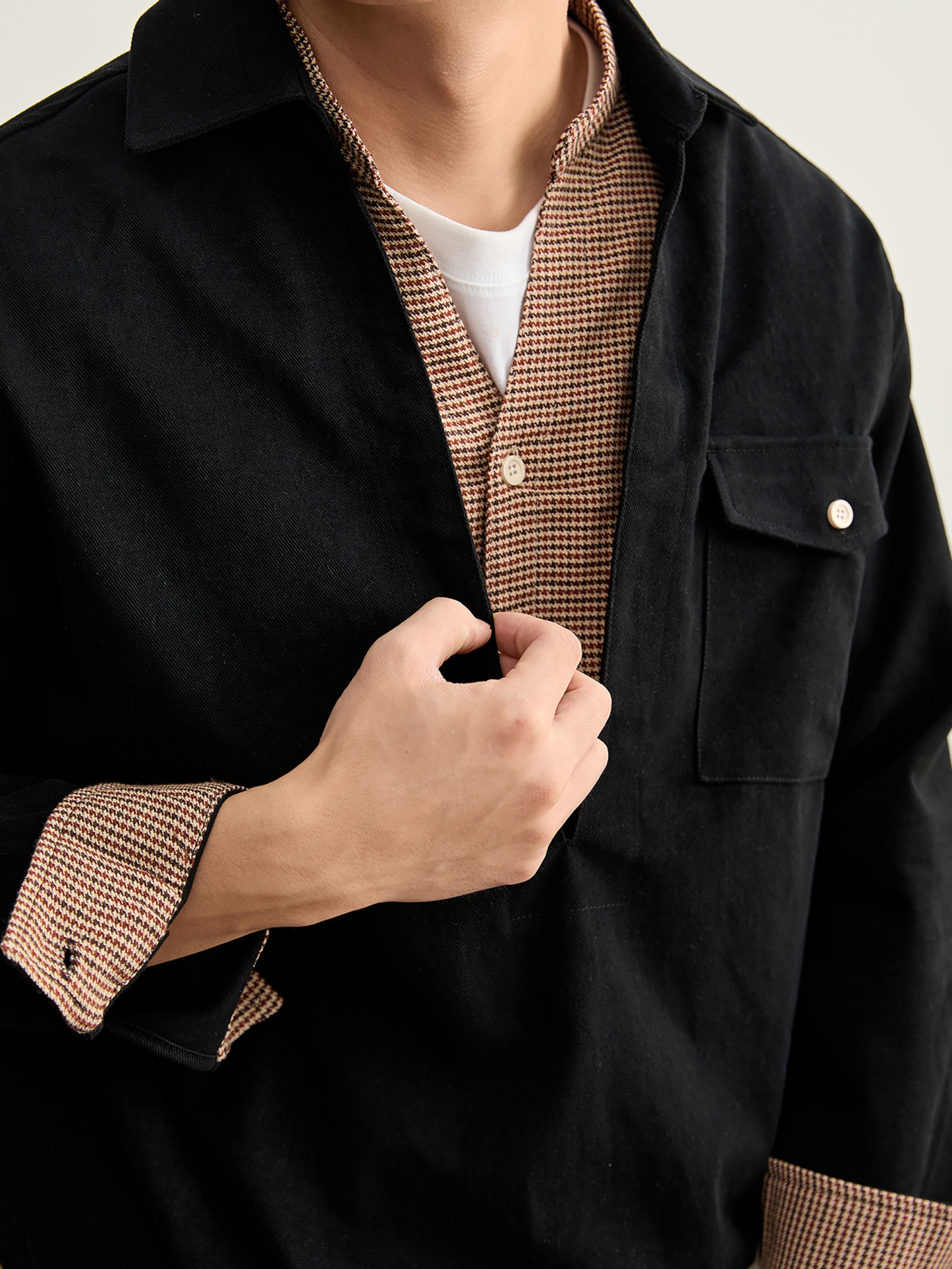 100%純棉假兩件磨毛襯衣復古潮牌千鳥格拼接半開襟襯衫男款