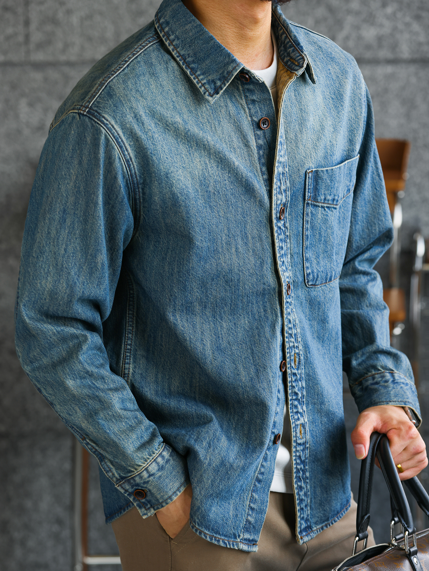 【純棉丹寧】復古長袖牛仔襯衫男100%長絨棉休閒襯衣外套