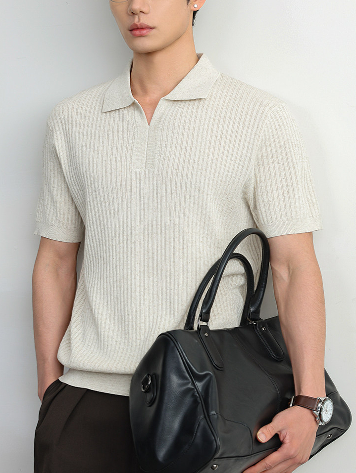 【可機洗亞麻】高端坑條紋理亞麻混紡老錢翻領POLO衫針織短袖T恤