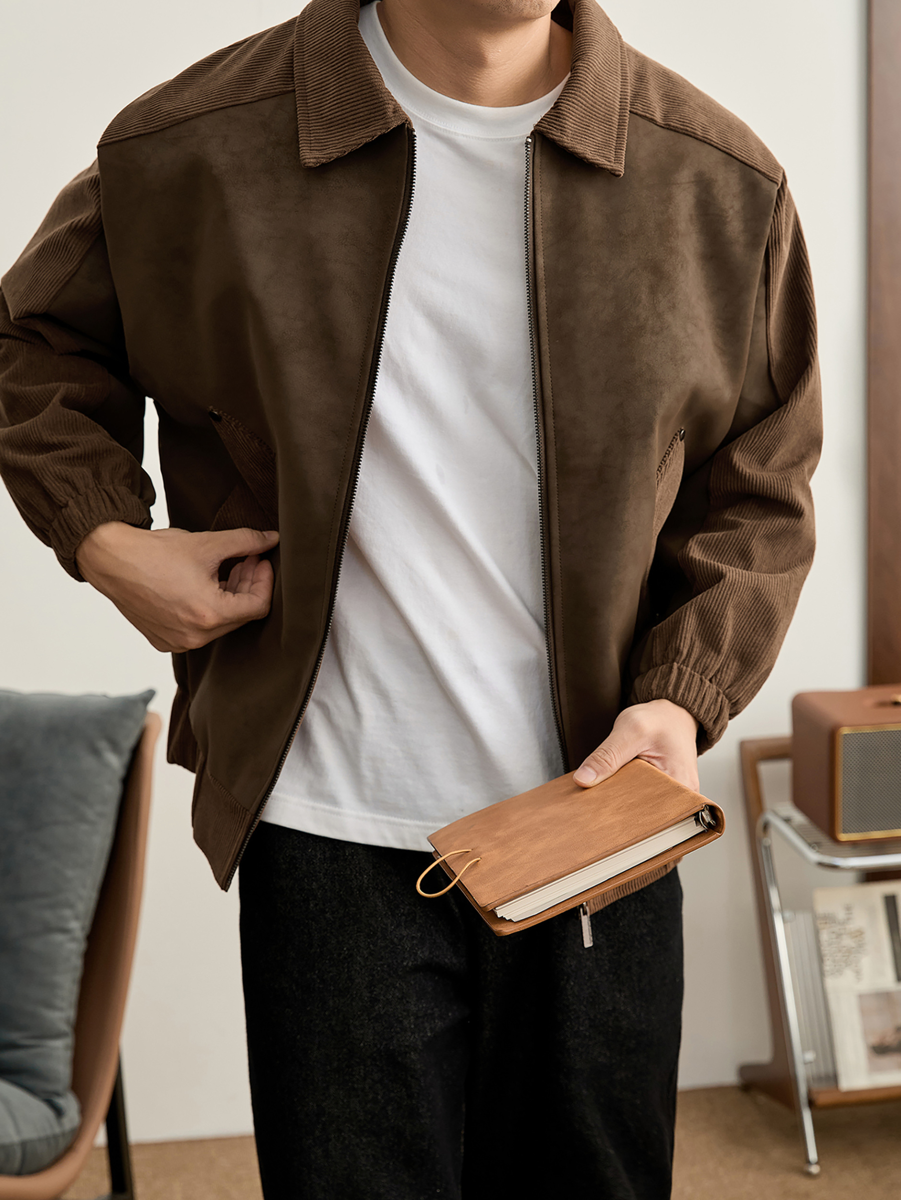 個性潮牌鉚釘拼接式設計PU防風外套燈芯絨插肩袖拼接夾克男