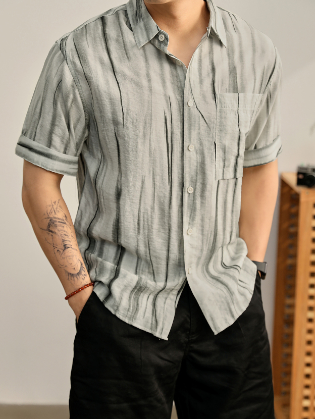 藝術感暈染漸變紋理短袖襯衫男夏親膚萊賽爾垂墜感半袖襯衣