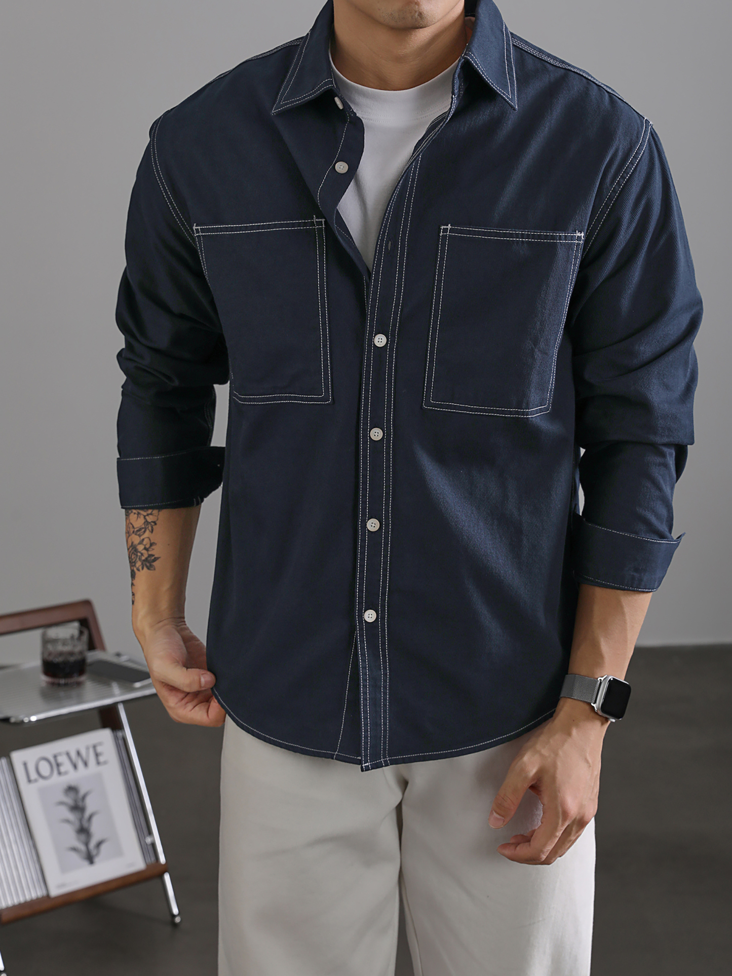 洗水復古牛仔藍色翻領長袖襯衫男士日常百搭純棉休閒小襯衣