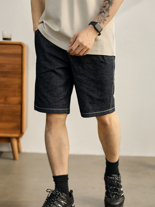 痞帥牛仔藍色直筒短褲男復古百搭立體休閒褲子半鬆緊腰中褲