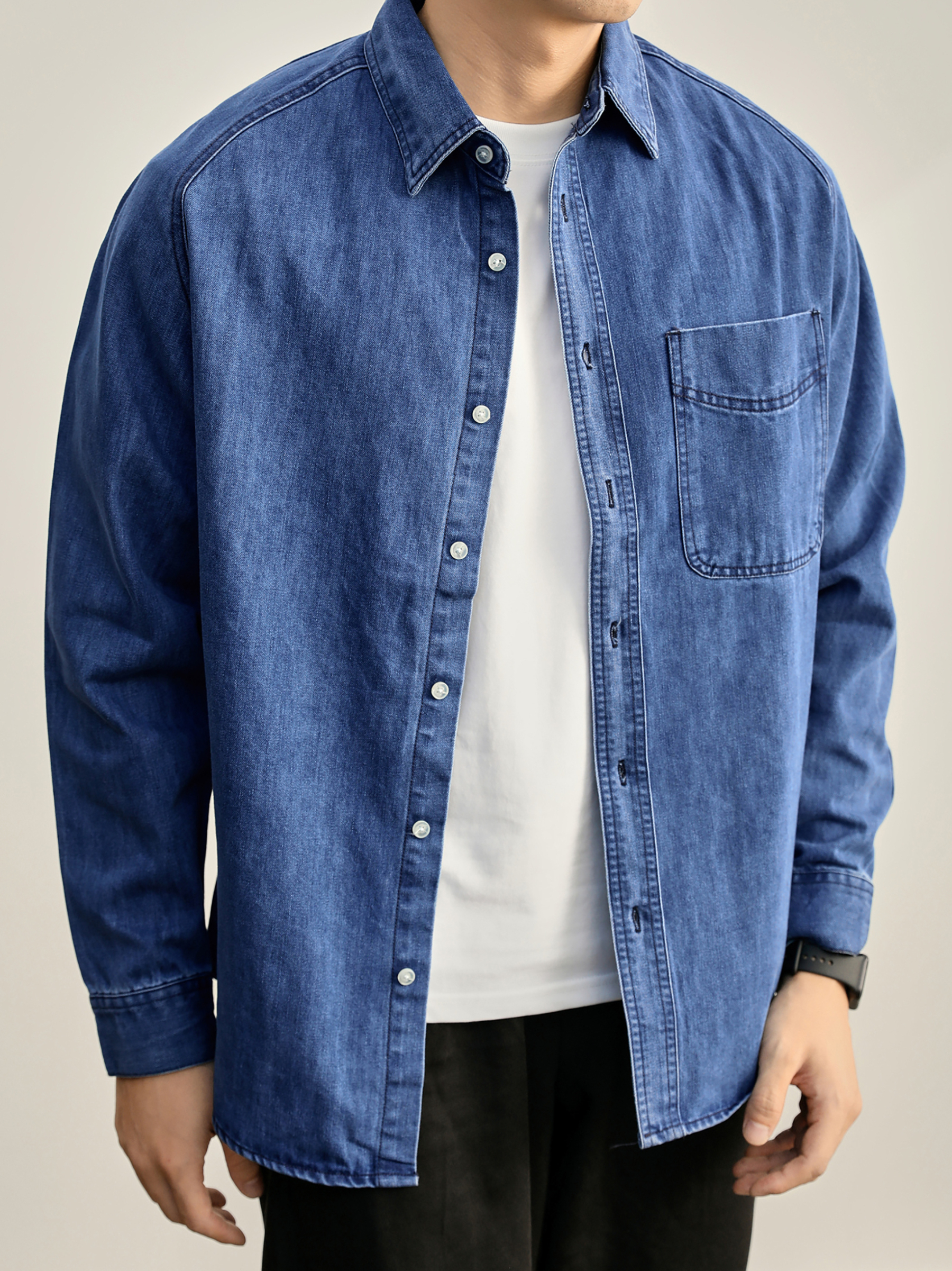 插肩袖洗水棉重磅280g牛仔襯衫男輯明線貼布口袋長袖小外套