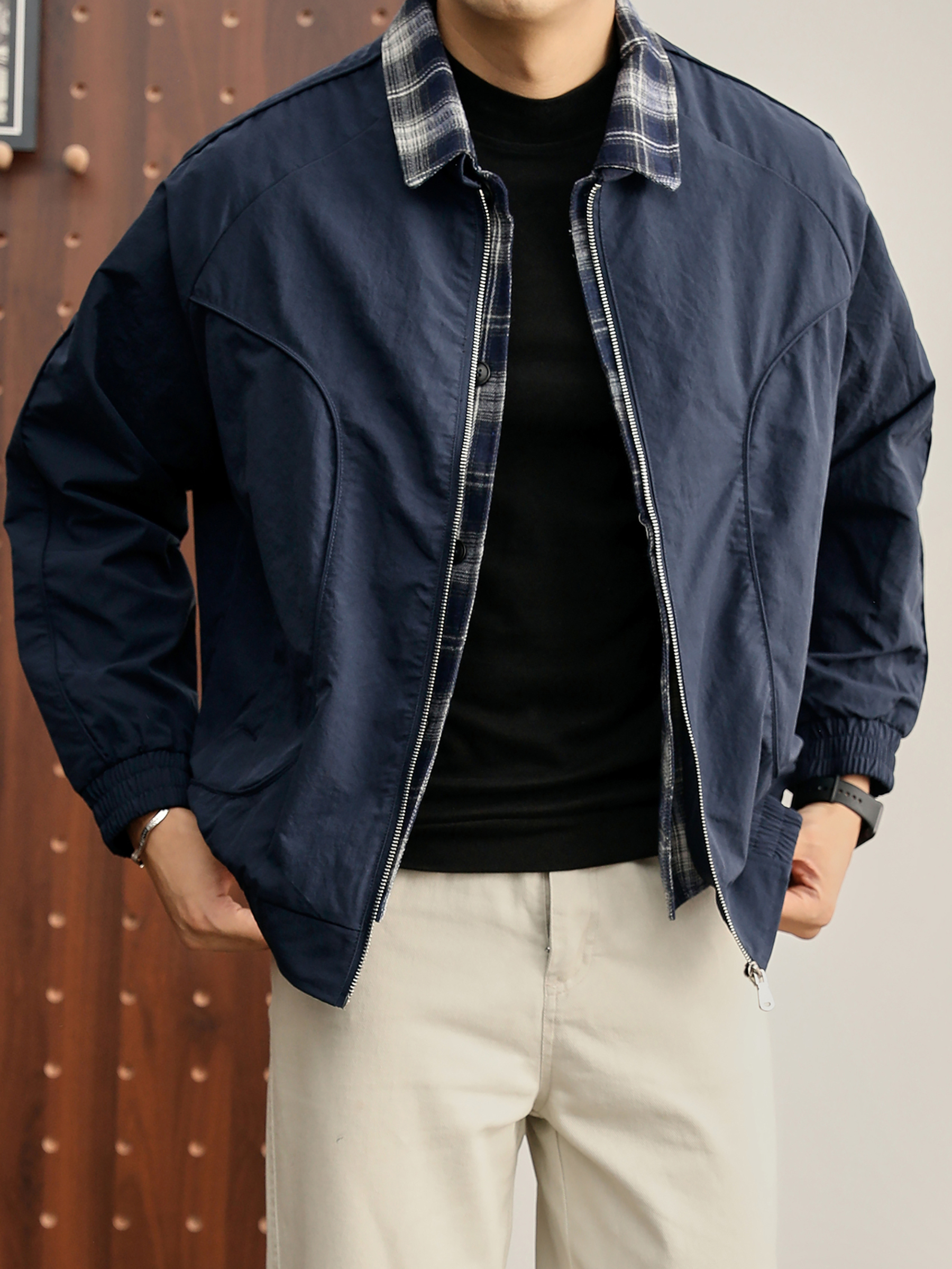 美式潮流撞色格紋拼接夾克弧形分割線雙重閉合假兩件外套男