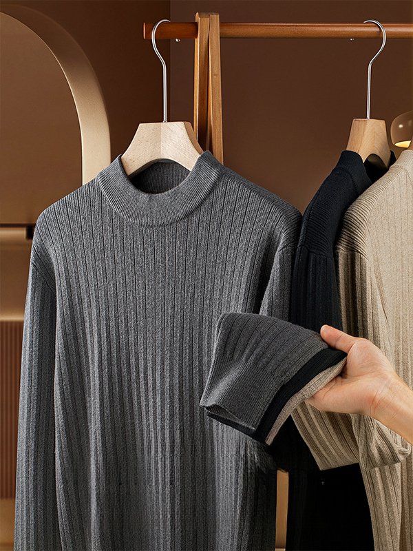 【綿羊毛•莫代爾】保暖豎紋針織衫半高領男士加厚抗球毛衣