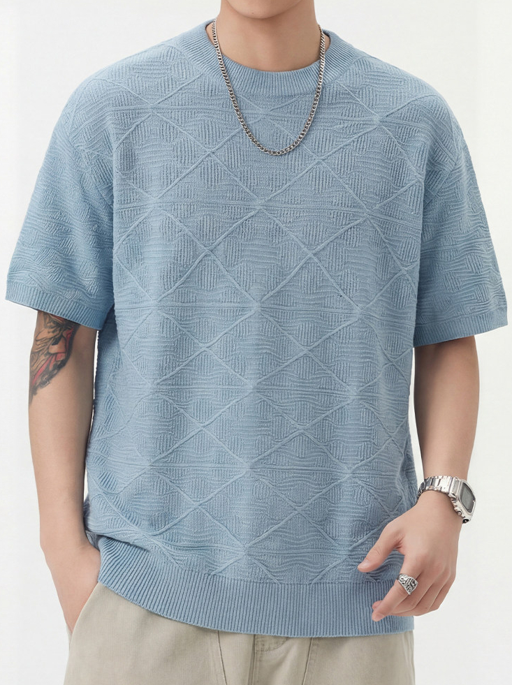 男士薄款春夏新款針織老錢風男短袖網格透氣超薄日系復古亞麻T恤