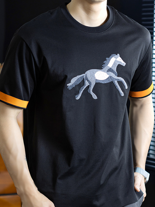 【奔馬貼布繡】冰絲親膚棉撞色短袖T恤男士時尚涼感舒適夏季半袖