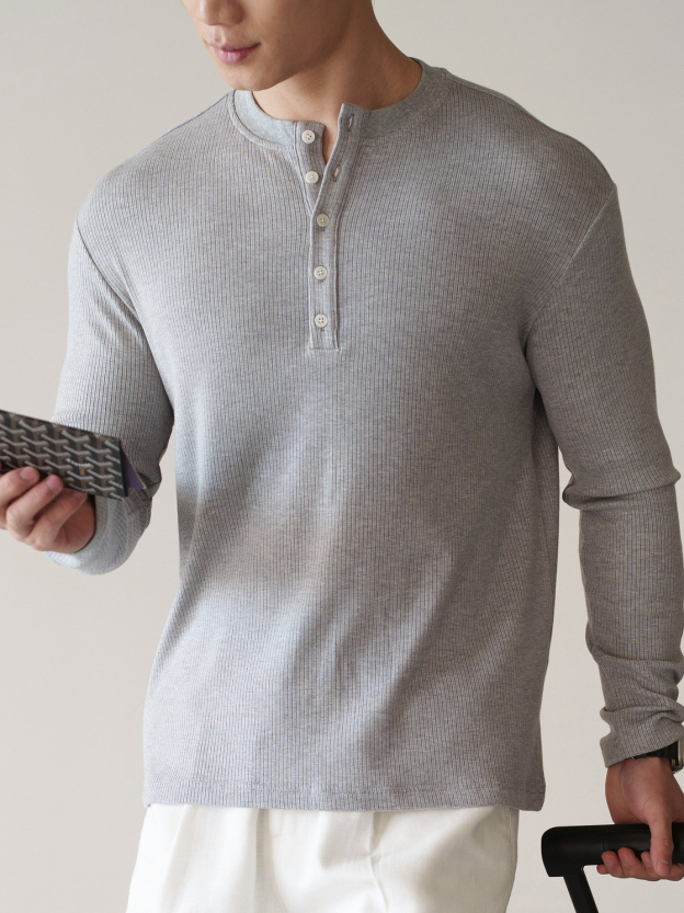 格雷系半開襟亨利領豎坑條針織T恤男士春季通勤休閒長袖上衣
