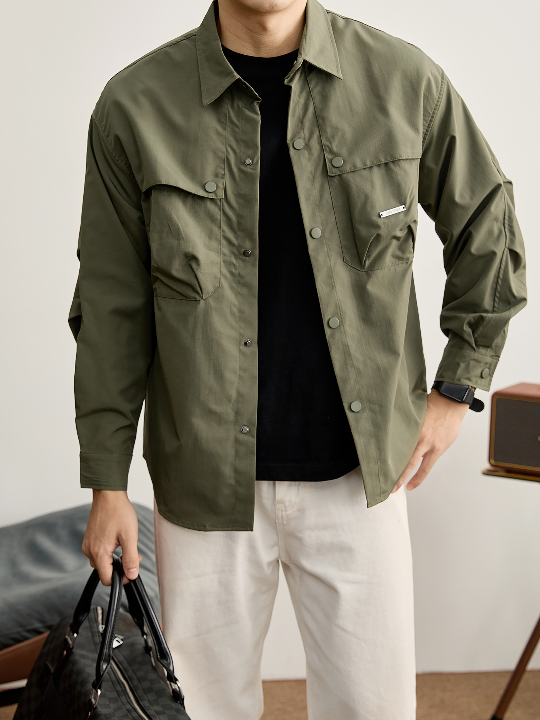 日系防風抽褶袖男士工裝襯衫秋冬純色格子肌理多口袋薄外套