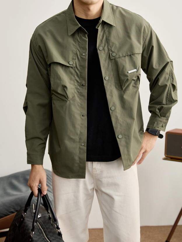 日系防風抽褶袖男士工裝襯衫秋冬純色格子肌理多口袋薄外套