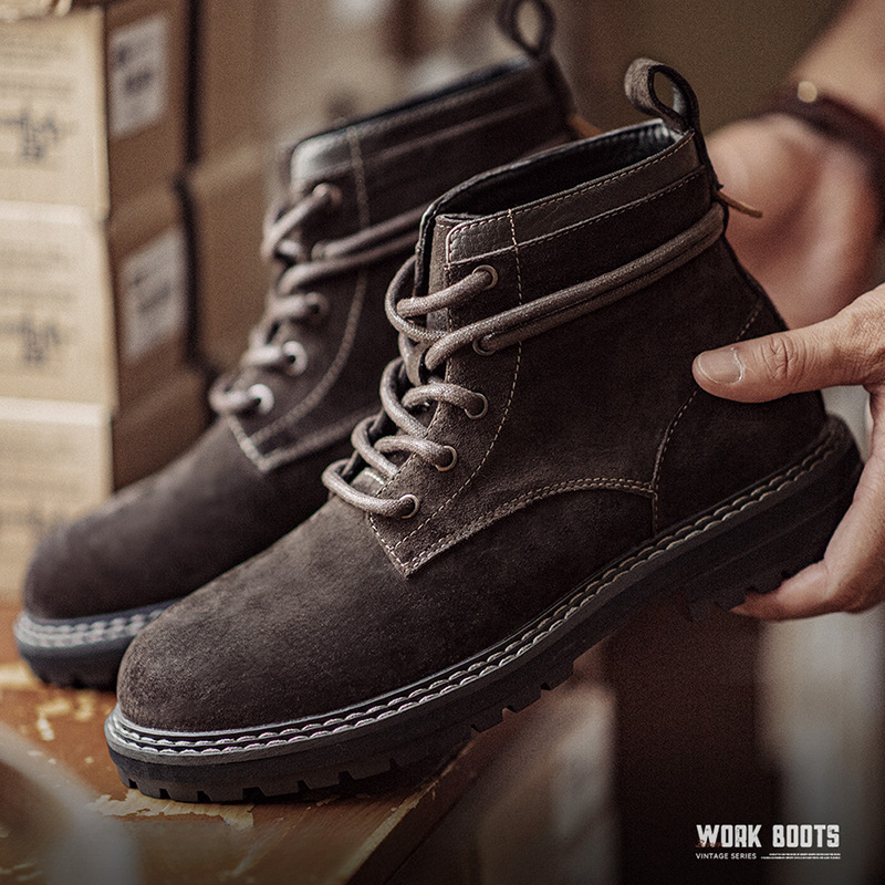 荒野尋棕復古工裝靴秋季新款男鞋休閒中幫厚底真皮透氣馬丁靴-Retro's Wear
