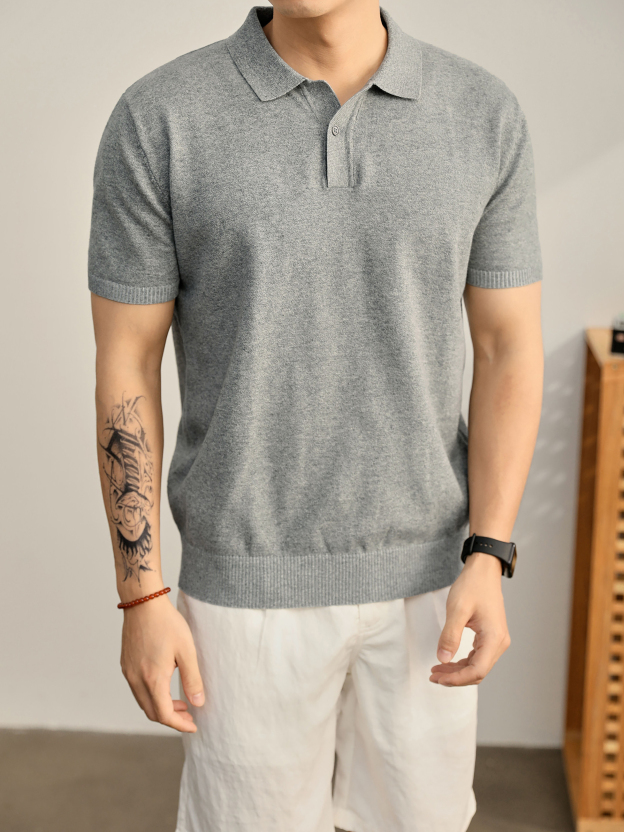 男夏季花天藍單紐扣設計翻領POLO衫輕奢休閒水洗棉針織短袖