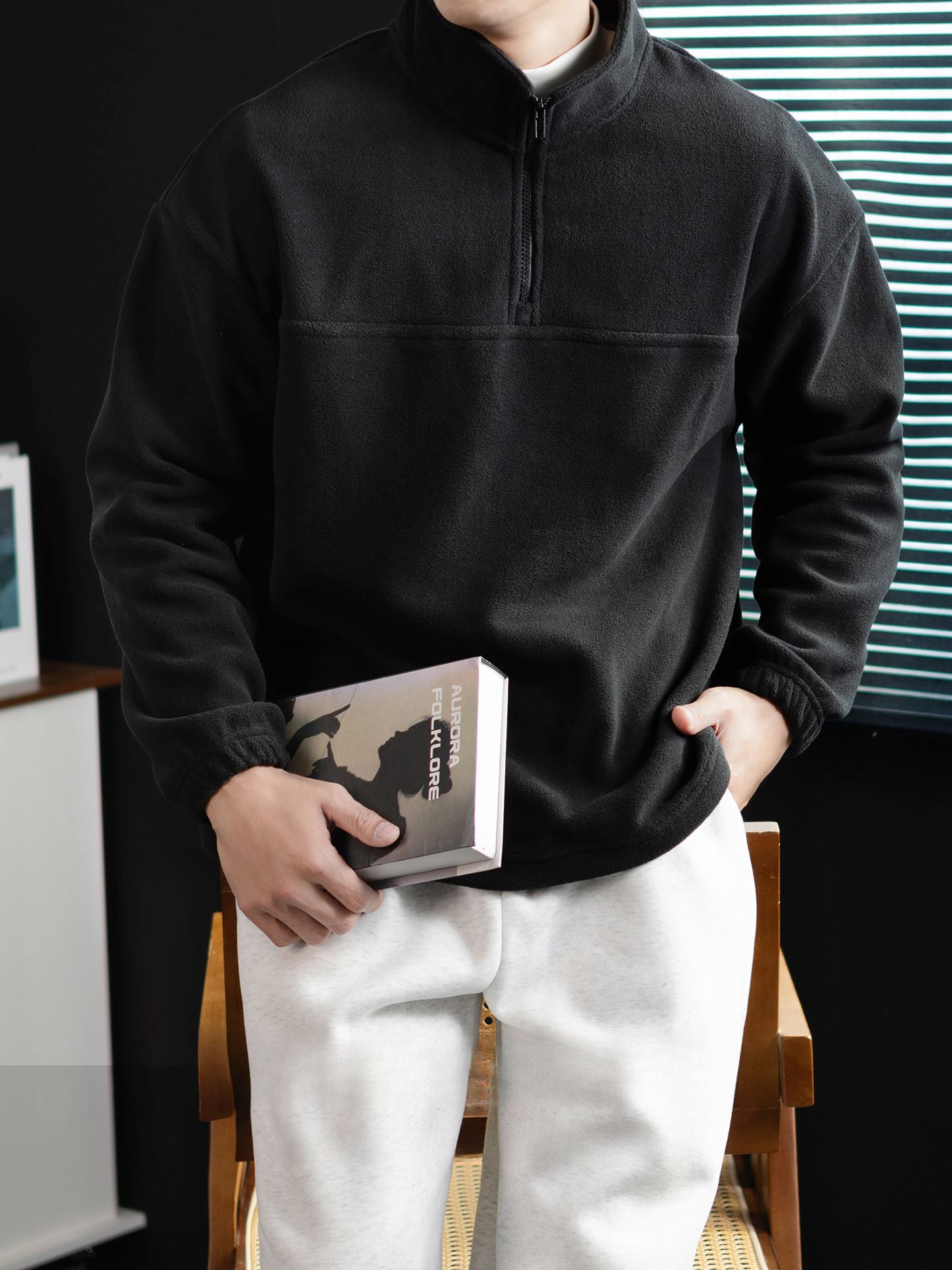 300G重磅蓄熱保暖搖粒絨立領男士衛衣冬季高端雙面加厚半拉鍊外套