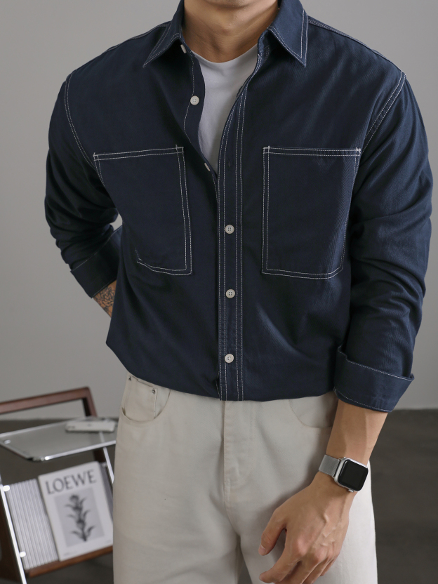洗水復古牛仔藍色翻領長袖襯衫男士日常百搭純棉休閒小襯衣