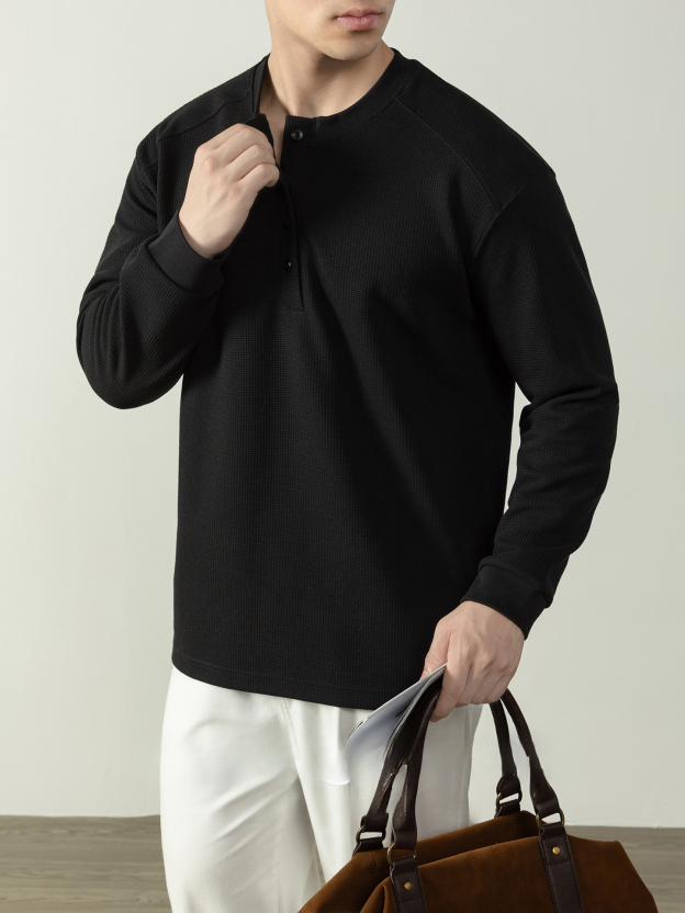 【CD精英系列】輕奢棉感400G華夫格亨利領T桖男款秋季通勤打底衫