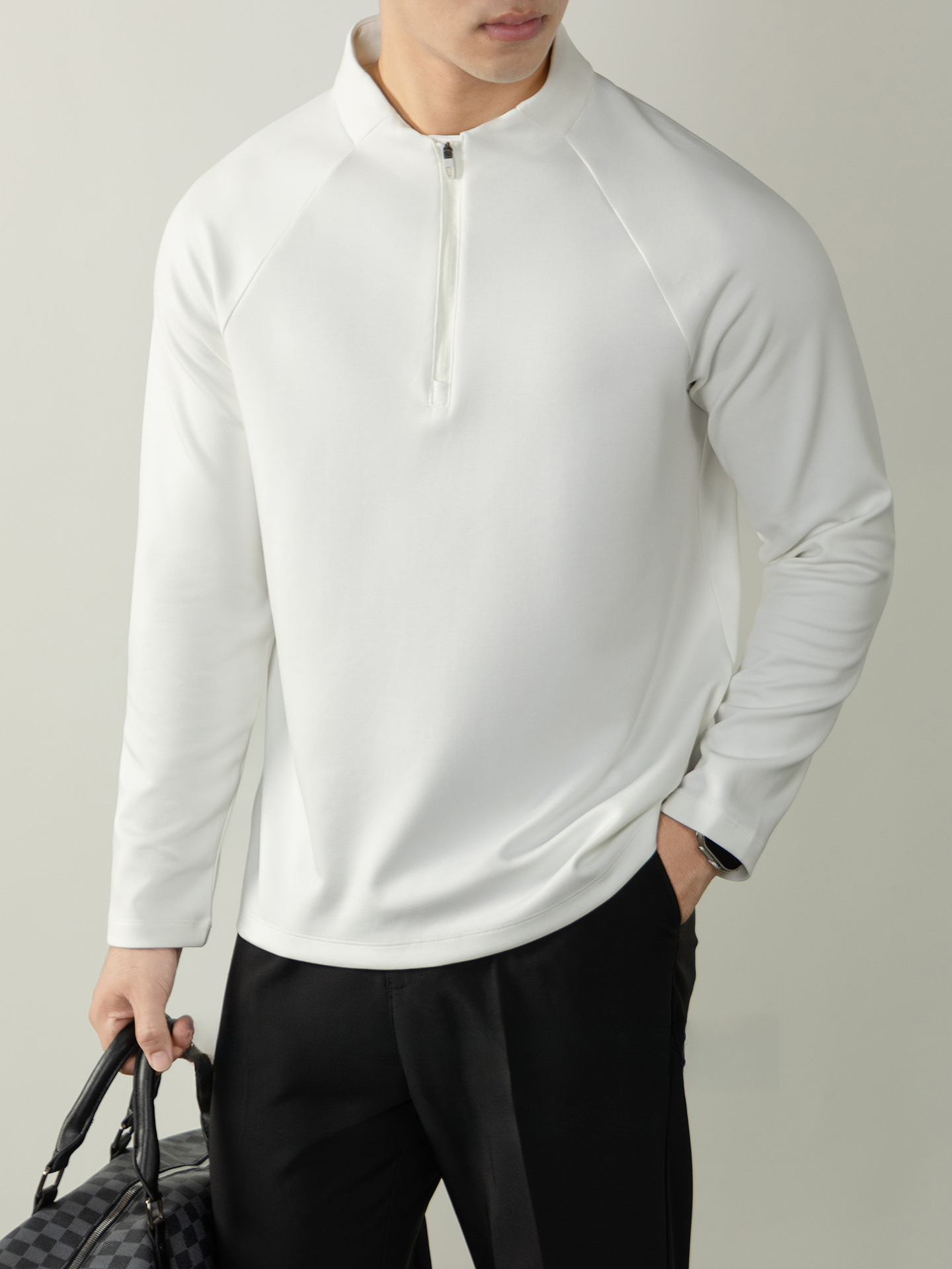 CloudTouch™頂奢300G莫代爾雲感T恤男長袖拉鍊立領商務通勤上衣