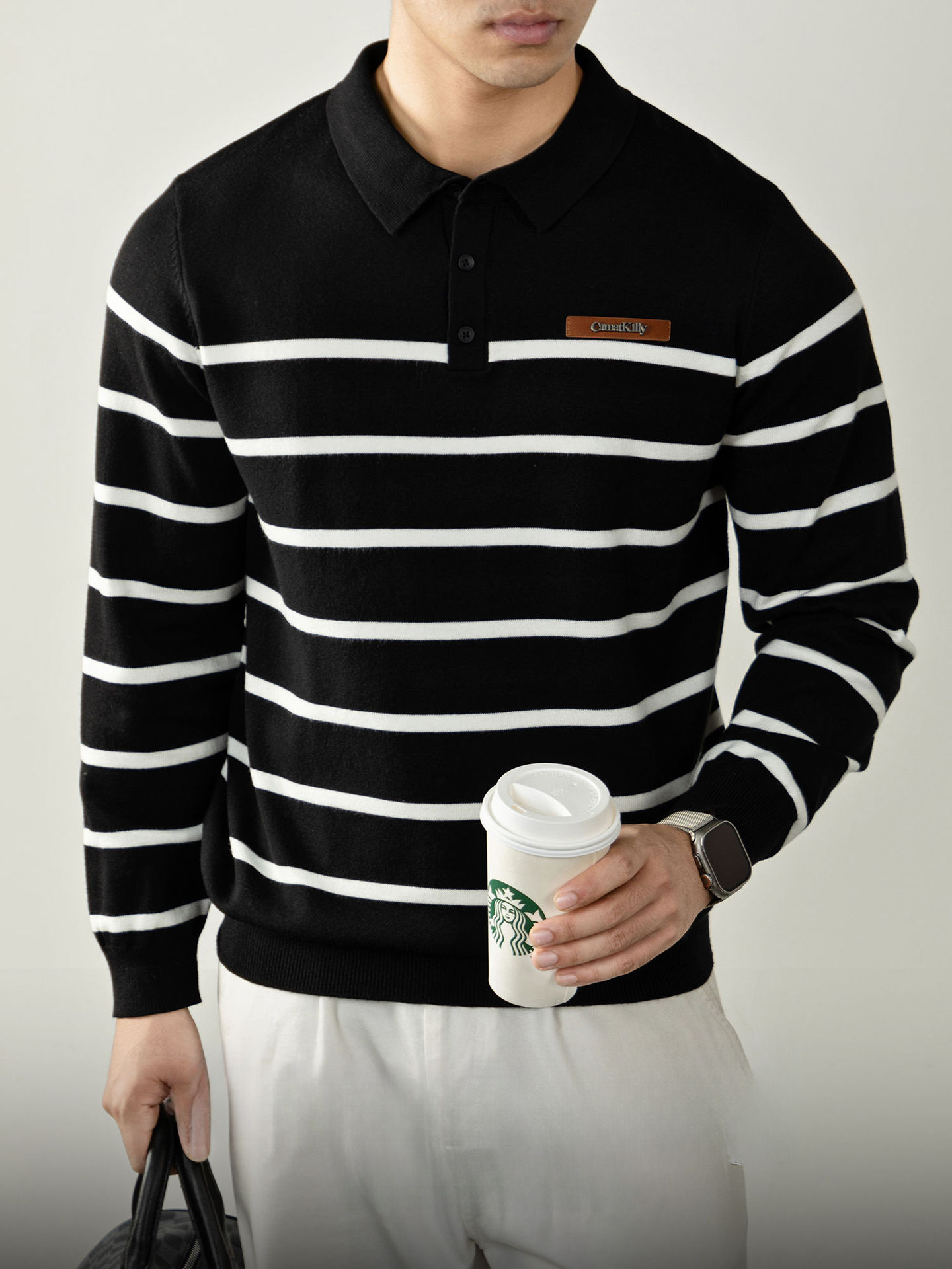 高端綿羊毛莫代爾黑白條紋Polo針織衫秋冬翻領針織衫
