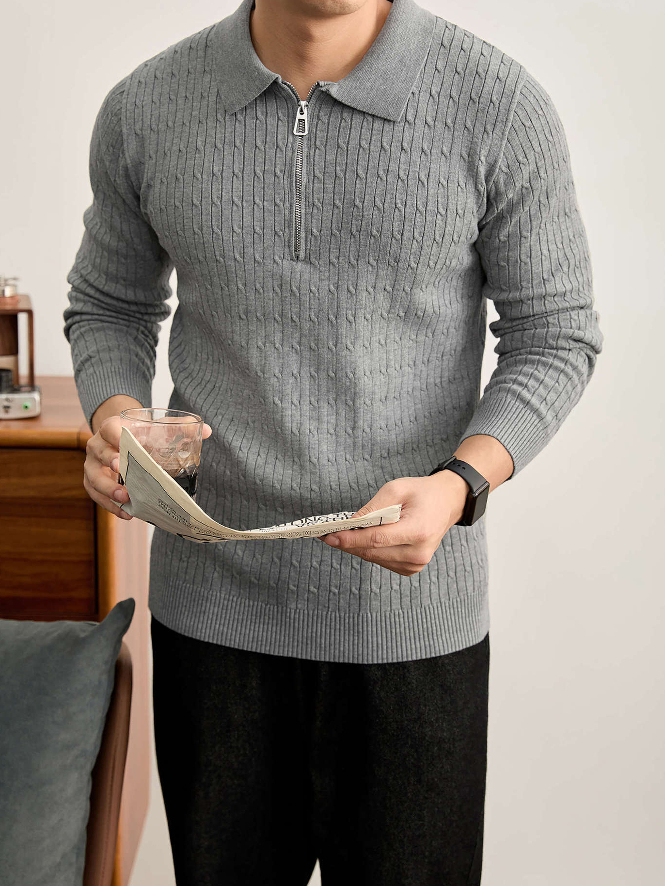老錢風編織提花紋理長袖毛衣男秋冬修身半拉鍊POLO領針織衫
