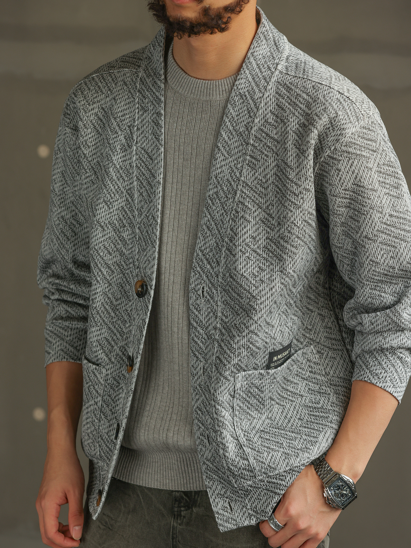 【質感通勤】慵懶鬆弛無領開衫衛衣男秋冬休閒針織衫外套