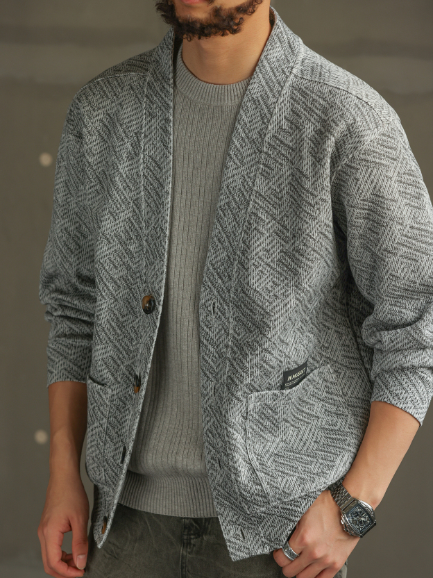 【質感通勤】慵懶鬆弛無領開衫衛衣男秋冬休閒針織衫外套