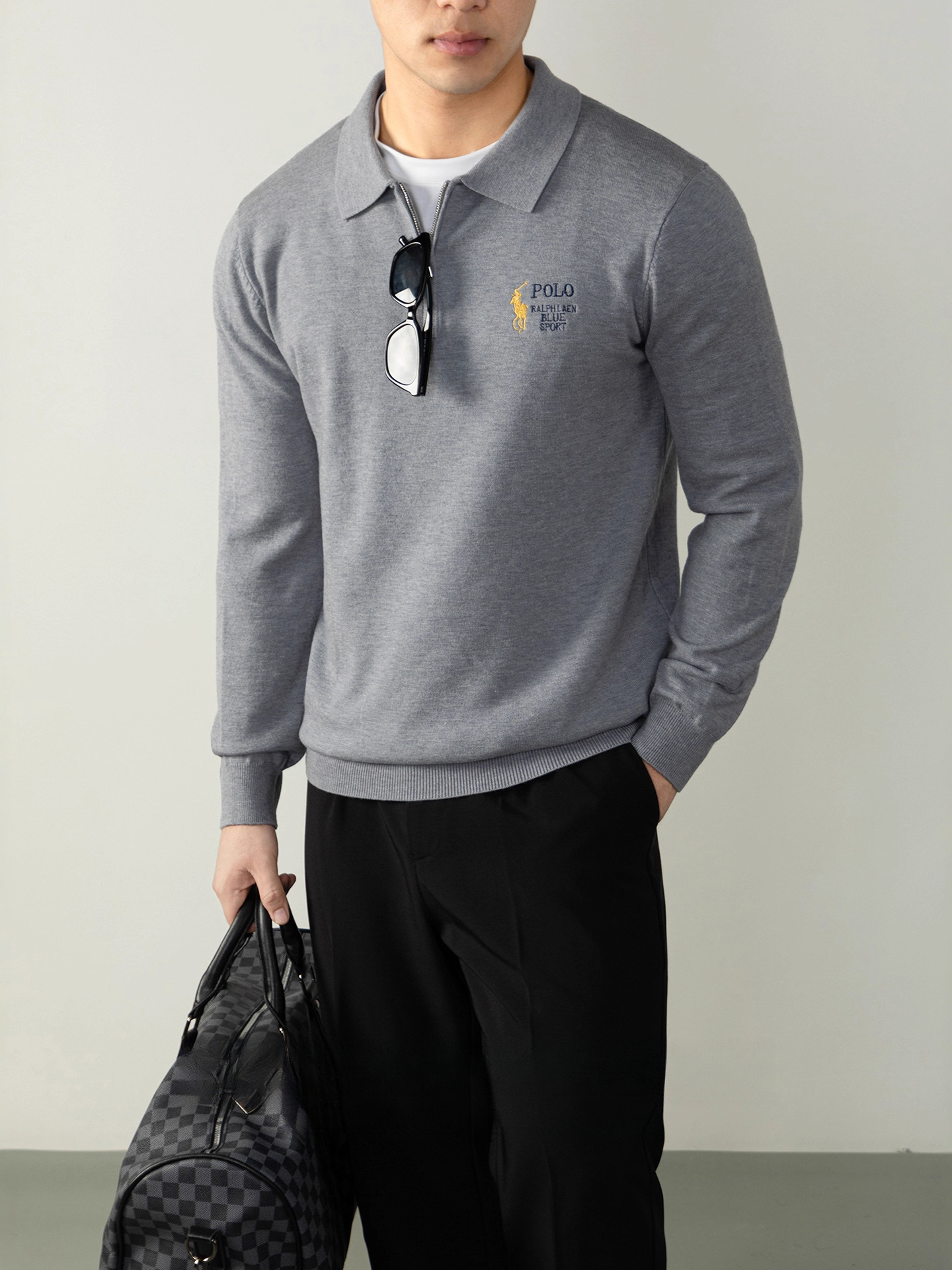 半拉鍊針織衫輕熟男士商務通勤保暖刺繡毛衣冬季