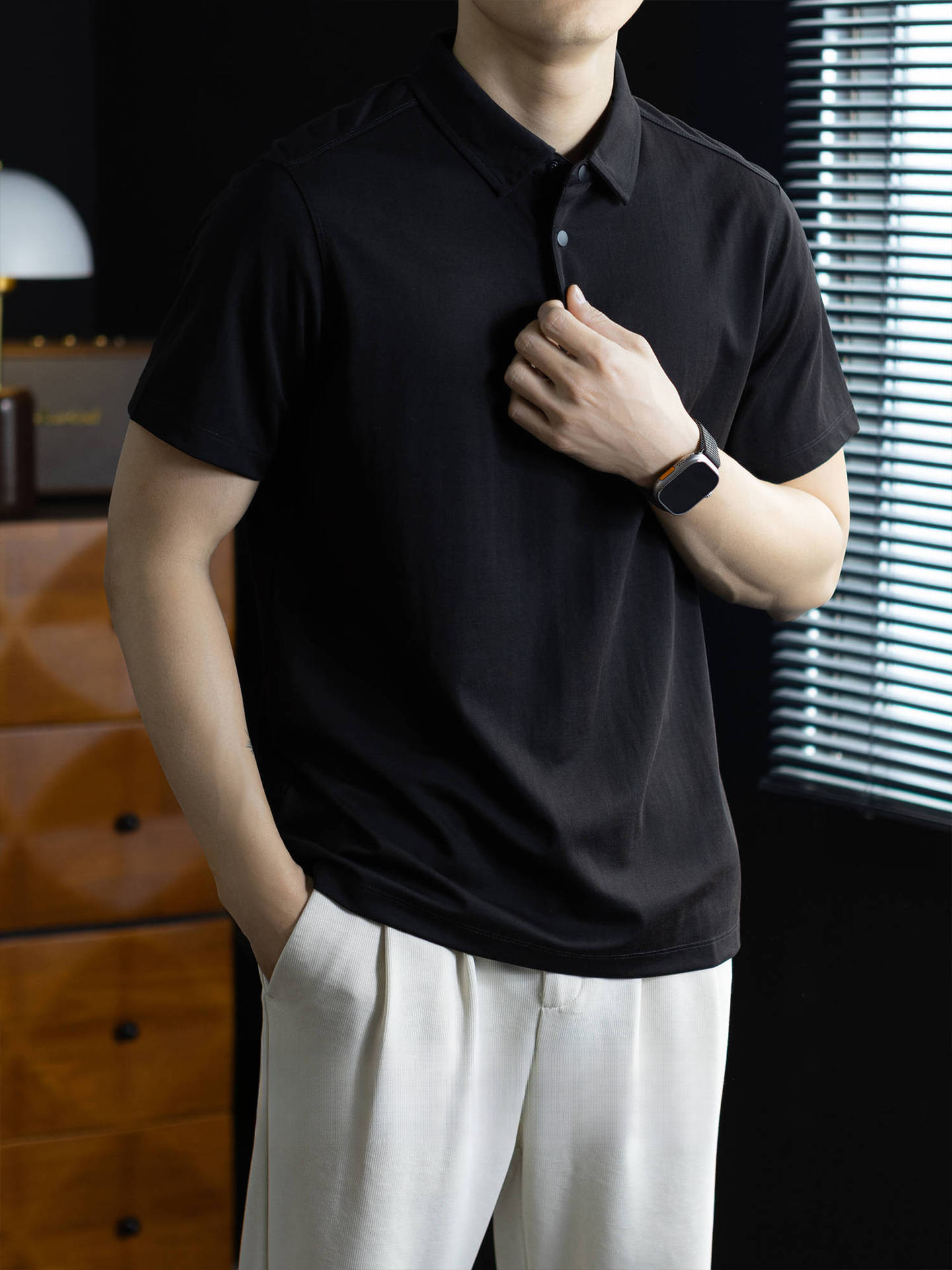「無印極簡風」萊賽爾亞麻半開襟POLO衫男士夏季乾爽透氣短袖t桖