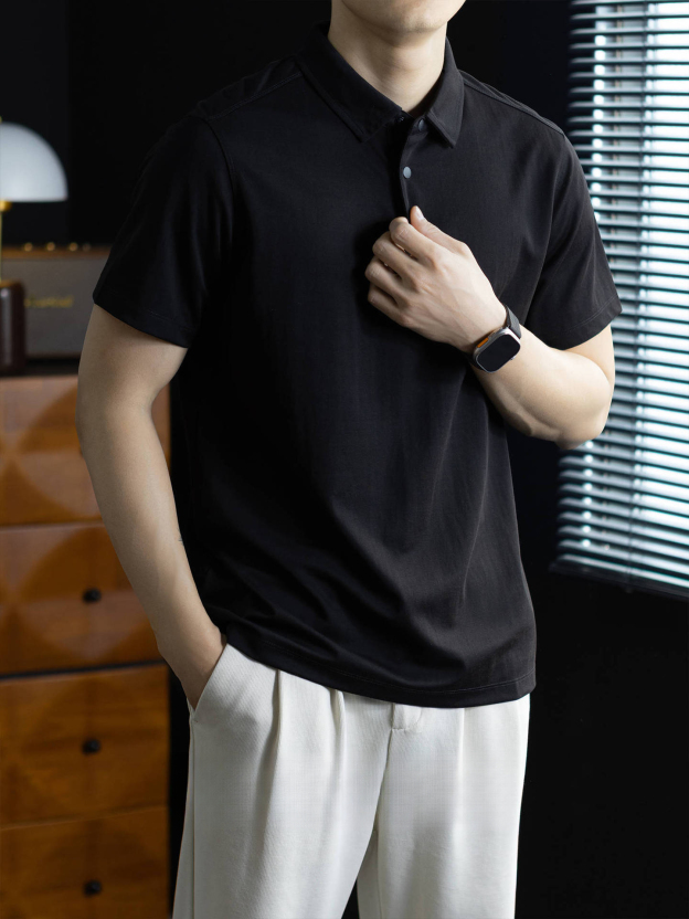 「無印極簡風」萊賽爾亞麻半開襟POLO衫男士夏季乾爽透氣短袖t桖