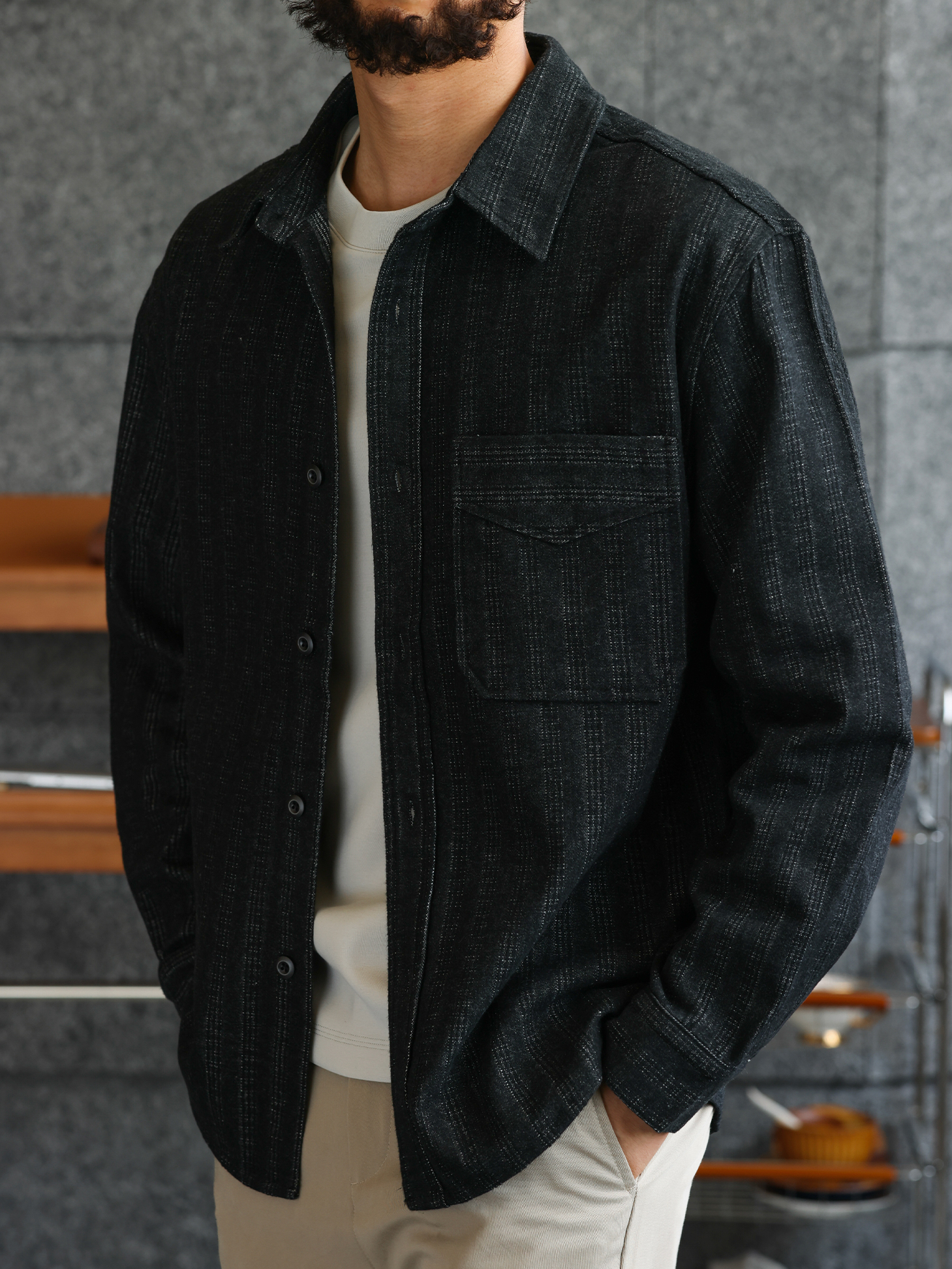 【绅士型格】质感磨毛暗条纹提花仿牛仔衬衫男士硬朗衬衣