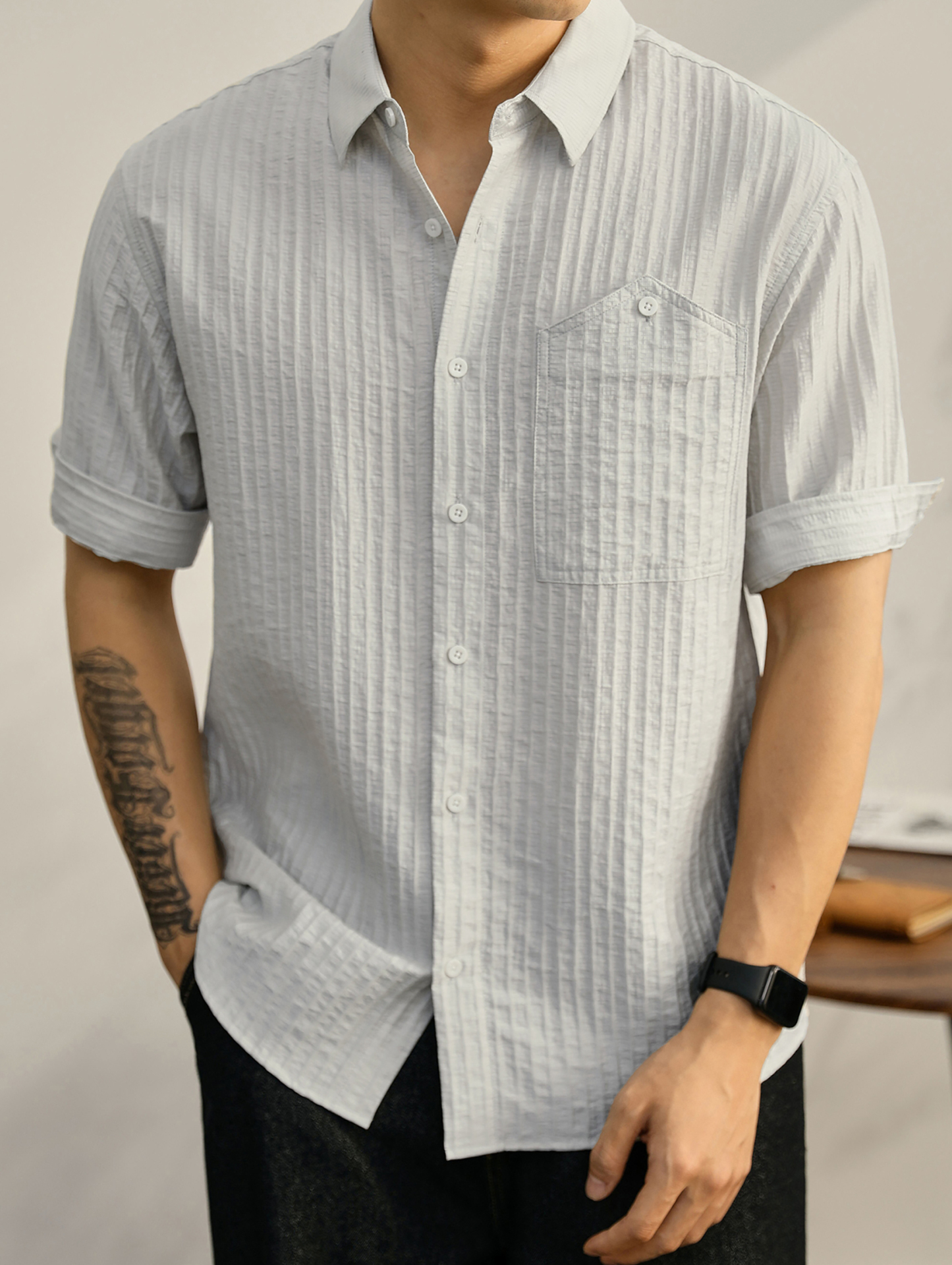 時尚潮流帥氣單穿襯衫男萊賽爾透氣襯衣泡泡肌理感紋理短袖