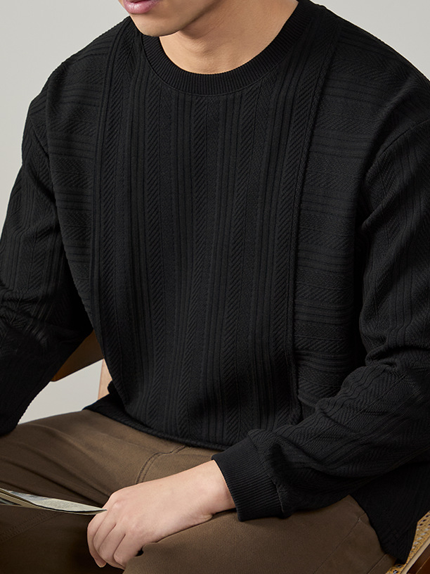 【溫潤極簡風】經典麻花紋理棉感打底衫男士寬鬆垂感圓領長袖T桖