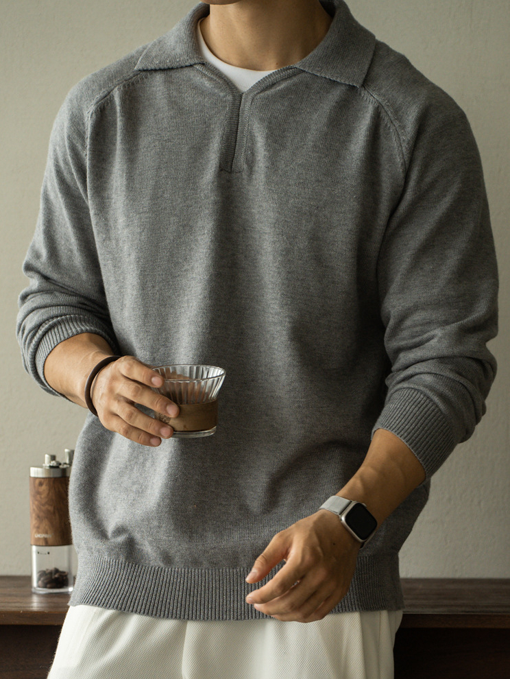 老錢風輕商務7針細膩紋理小V翻領半開襟毛衣男2025秋冬新款POLO衫