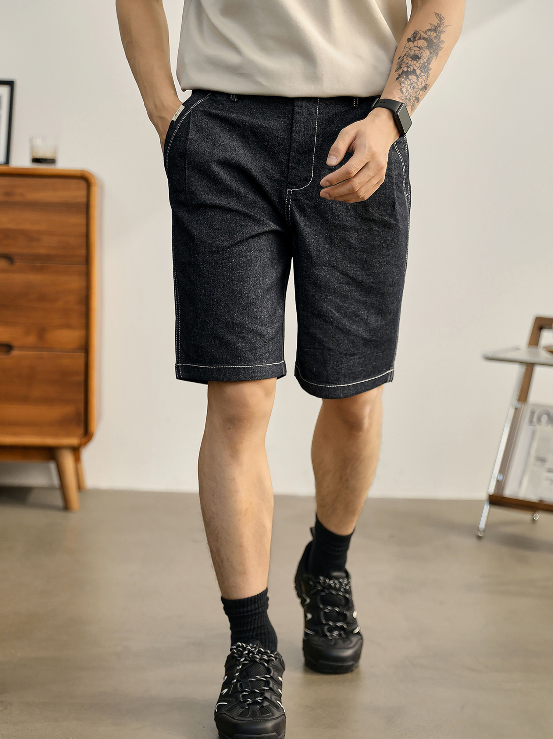 痞帥牛仔藍色直筒短褲男復古百搭立體休閒褲子半鬆緊腰中褲