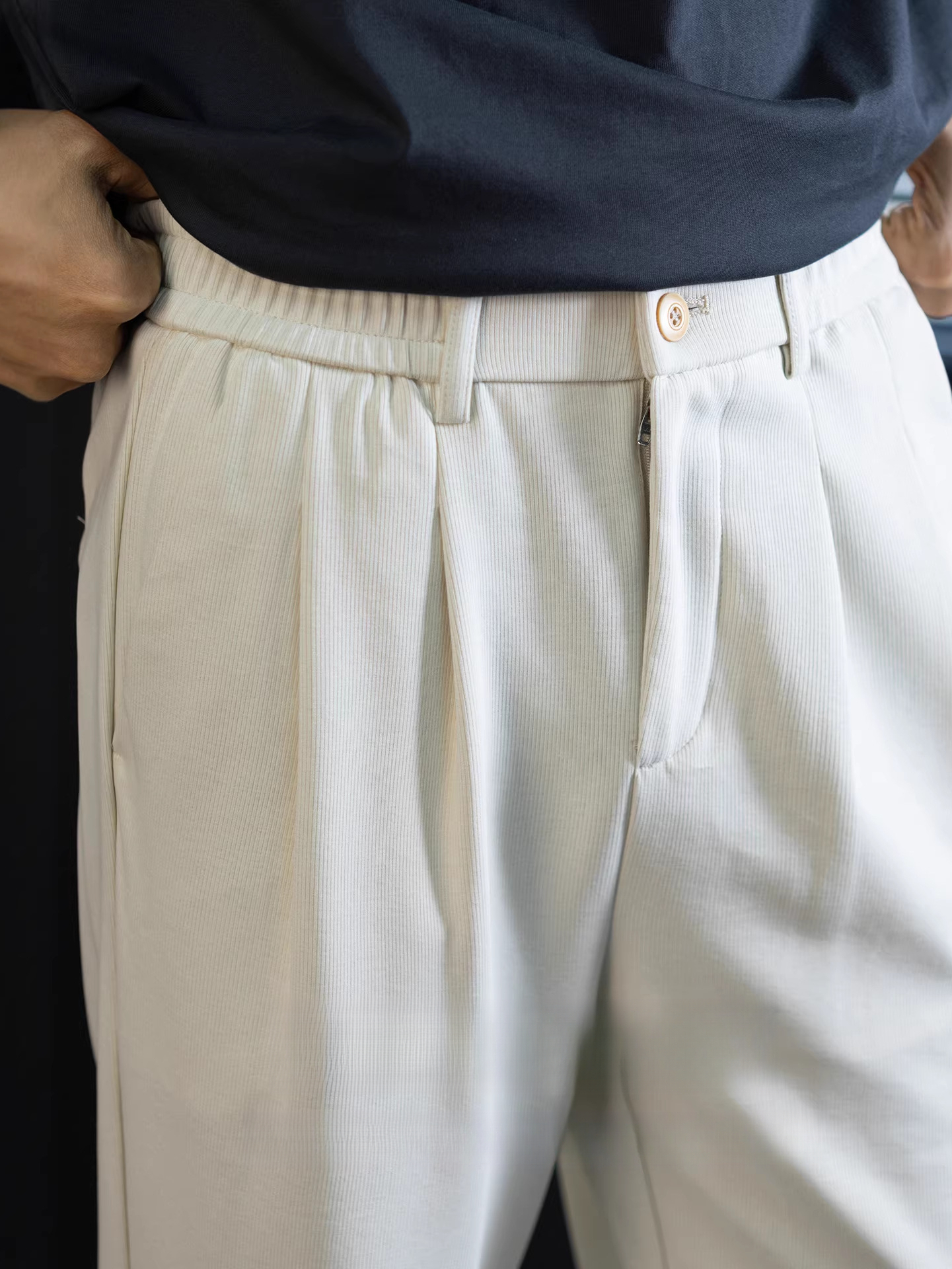 豎紋肌理感褶位男士休閒褲高彈針織直筒褲抗皺通勤西褲舒適零束縛