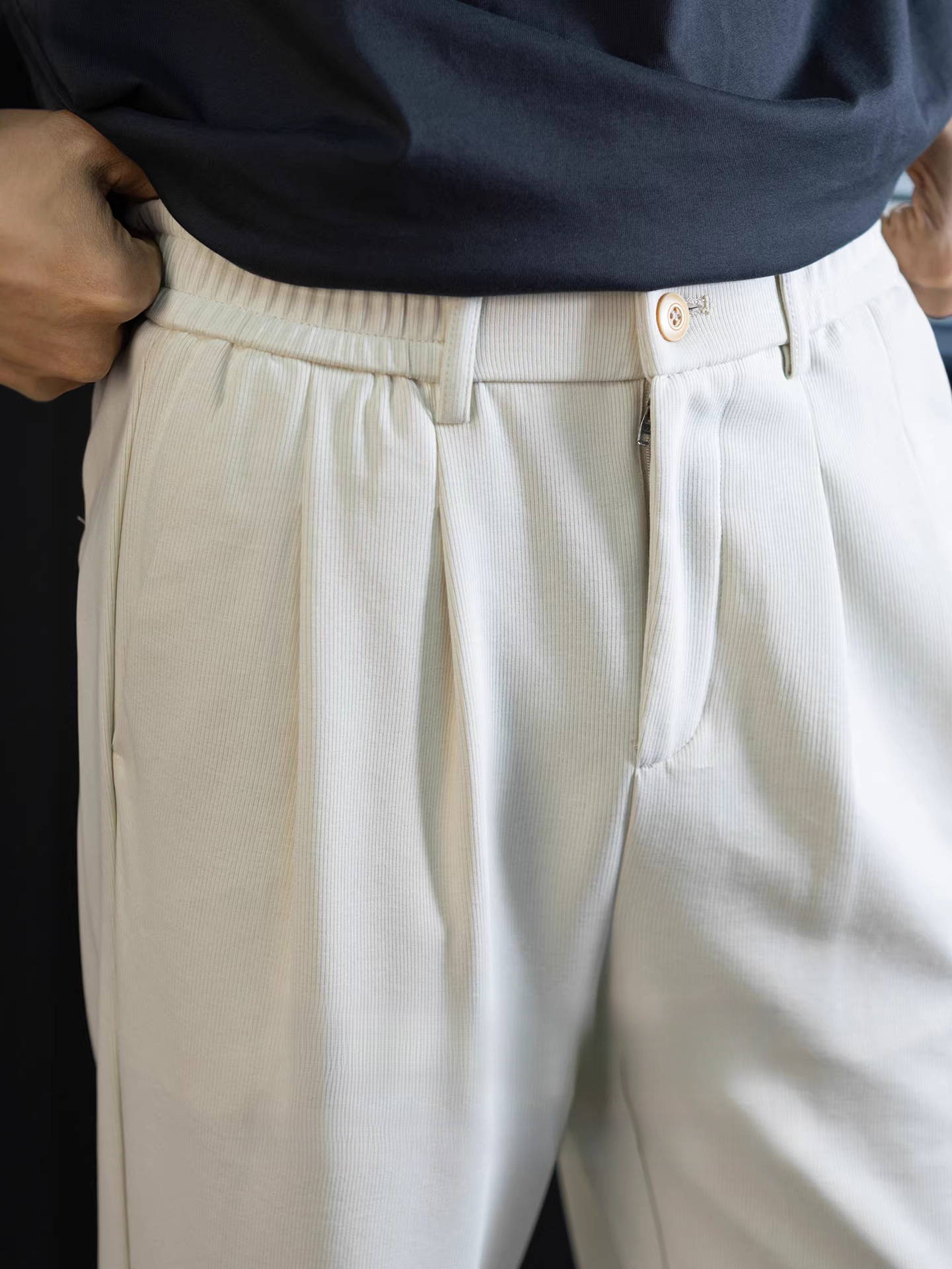 豎紋肌理感褶位男士休閒褲高彈針織直筒褲抗皺通勤西褲舒適零束縛