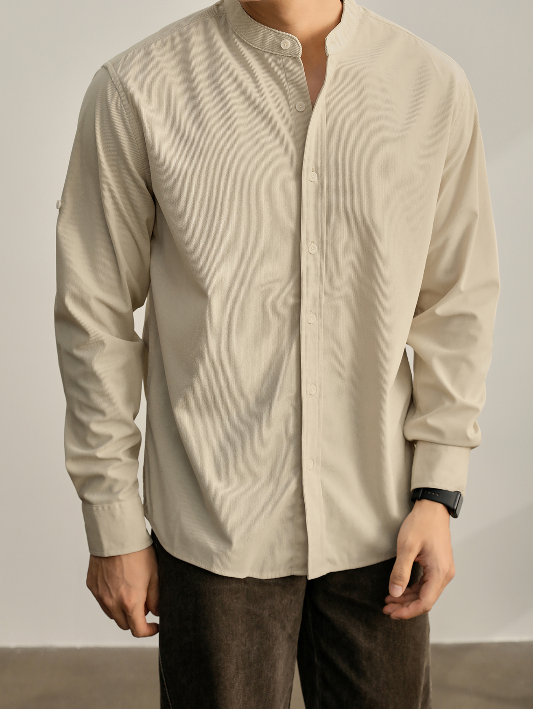 老錢風質感燈芯絨新中式立領休閒襯衫男潮流捲袖單穿小襯衣