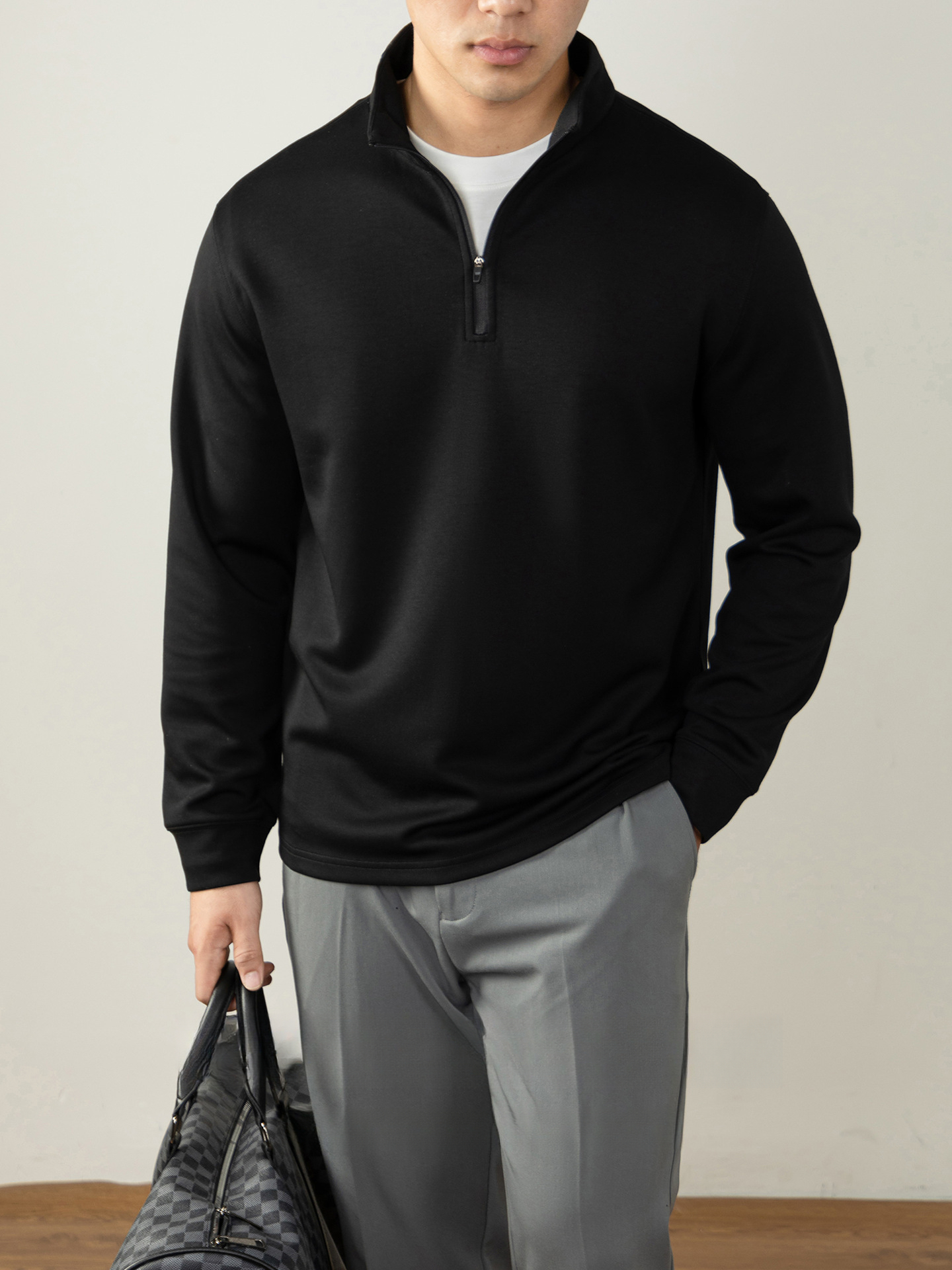 【親膚莫代爾】日系320G重磅半拉鍊立領衛衣男高端商務通勤慵懶風