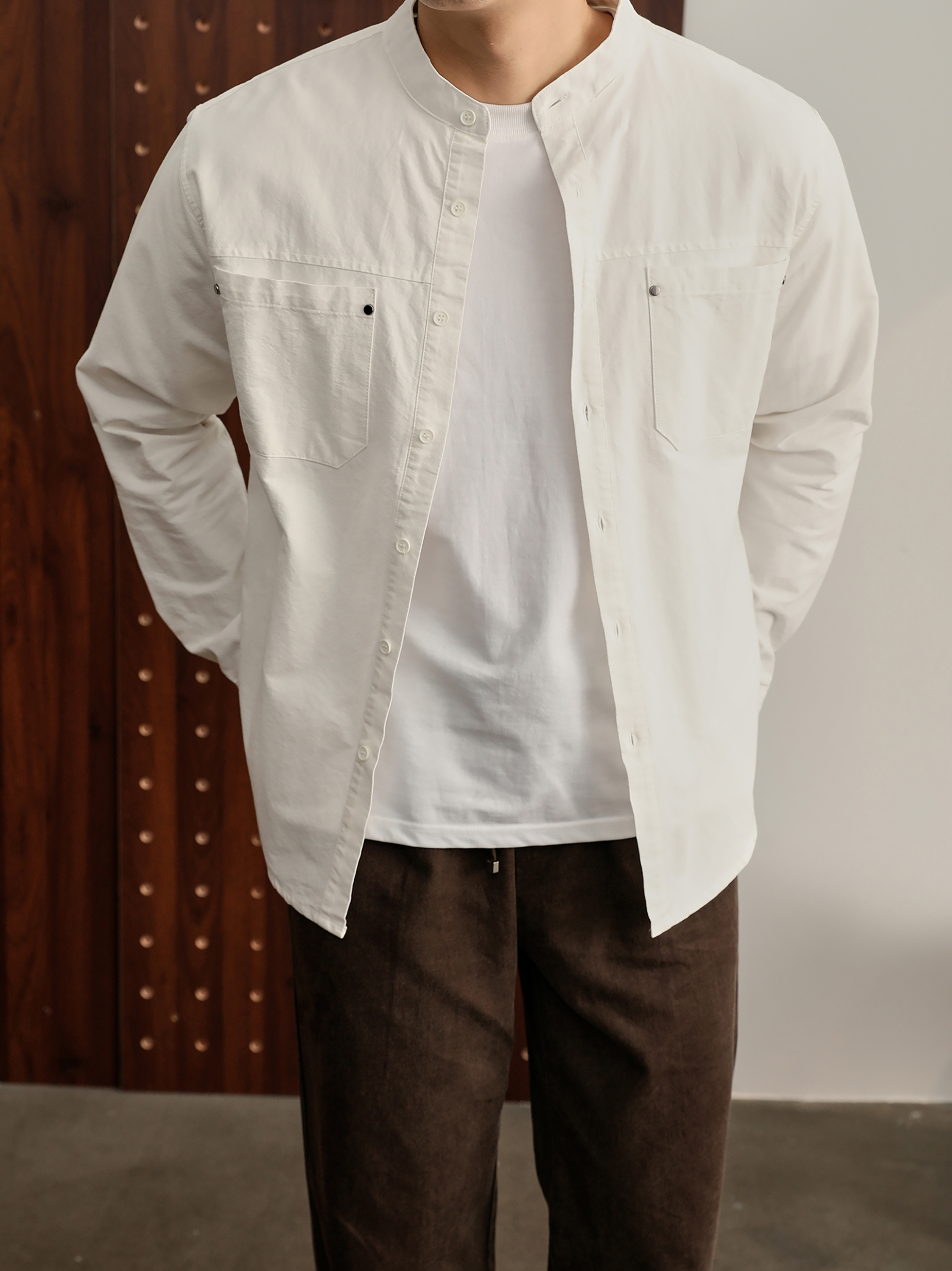 时尚潮奢立领长袖衬衫100%纯棉金属铆钉双口袋衬衣外套男款