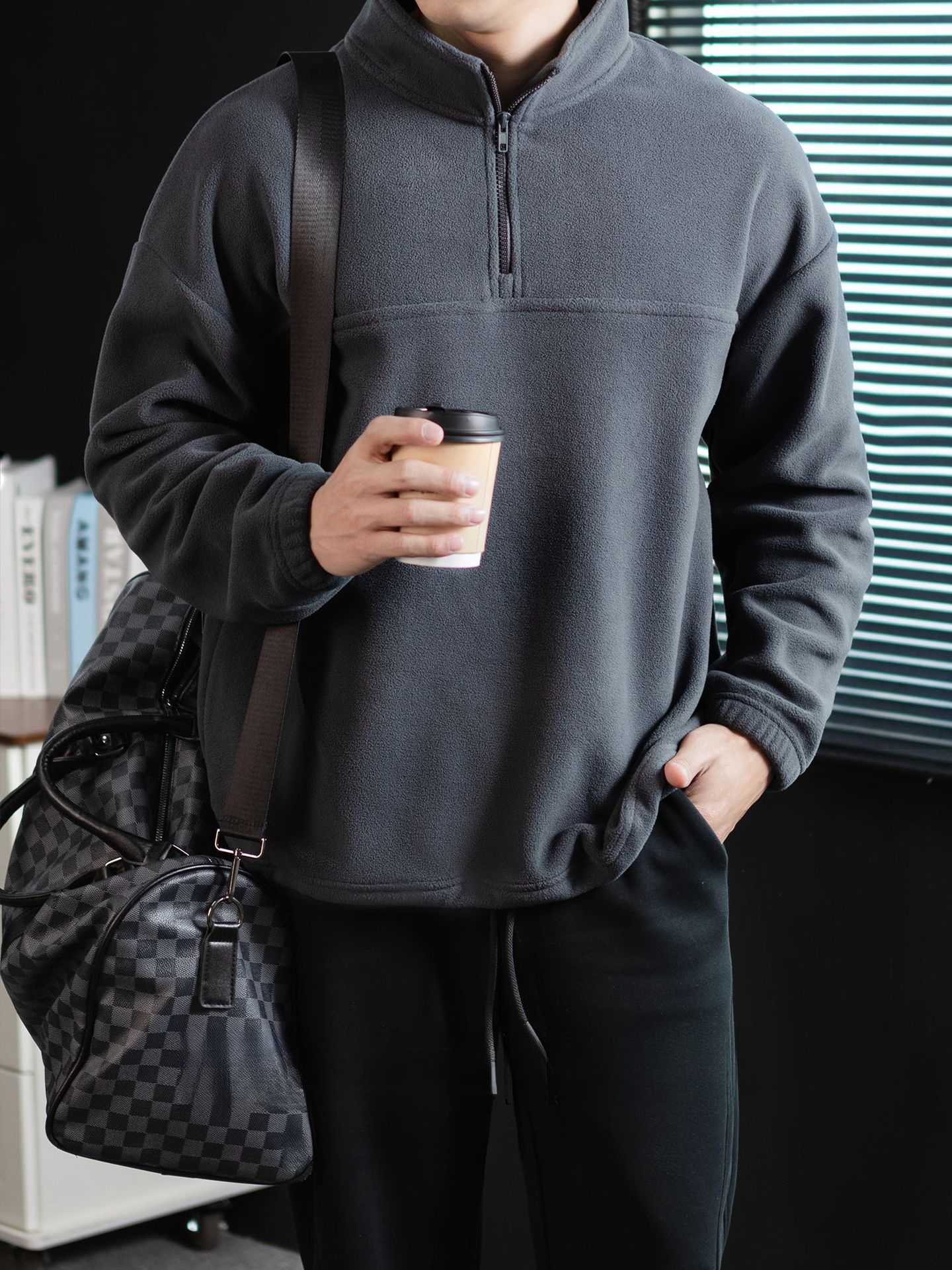 300G重磅蓄熱保暖搖粒絨立領男士衛衣冬季高端雙面加厚半拉鍊外套