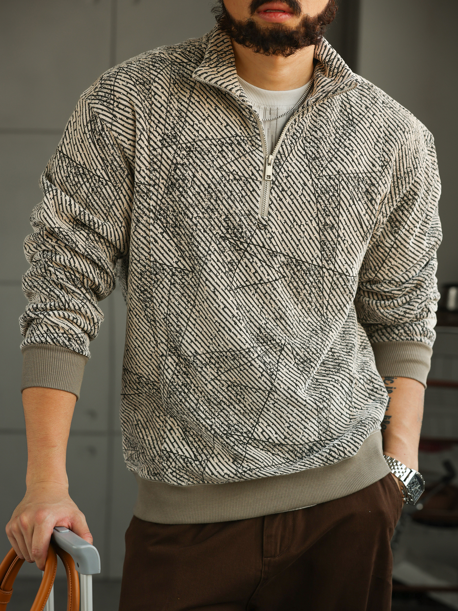 【局外着装】轻奢提花长袖POLO衫男士半拉链翻领针织卫衣