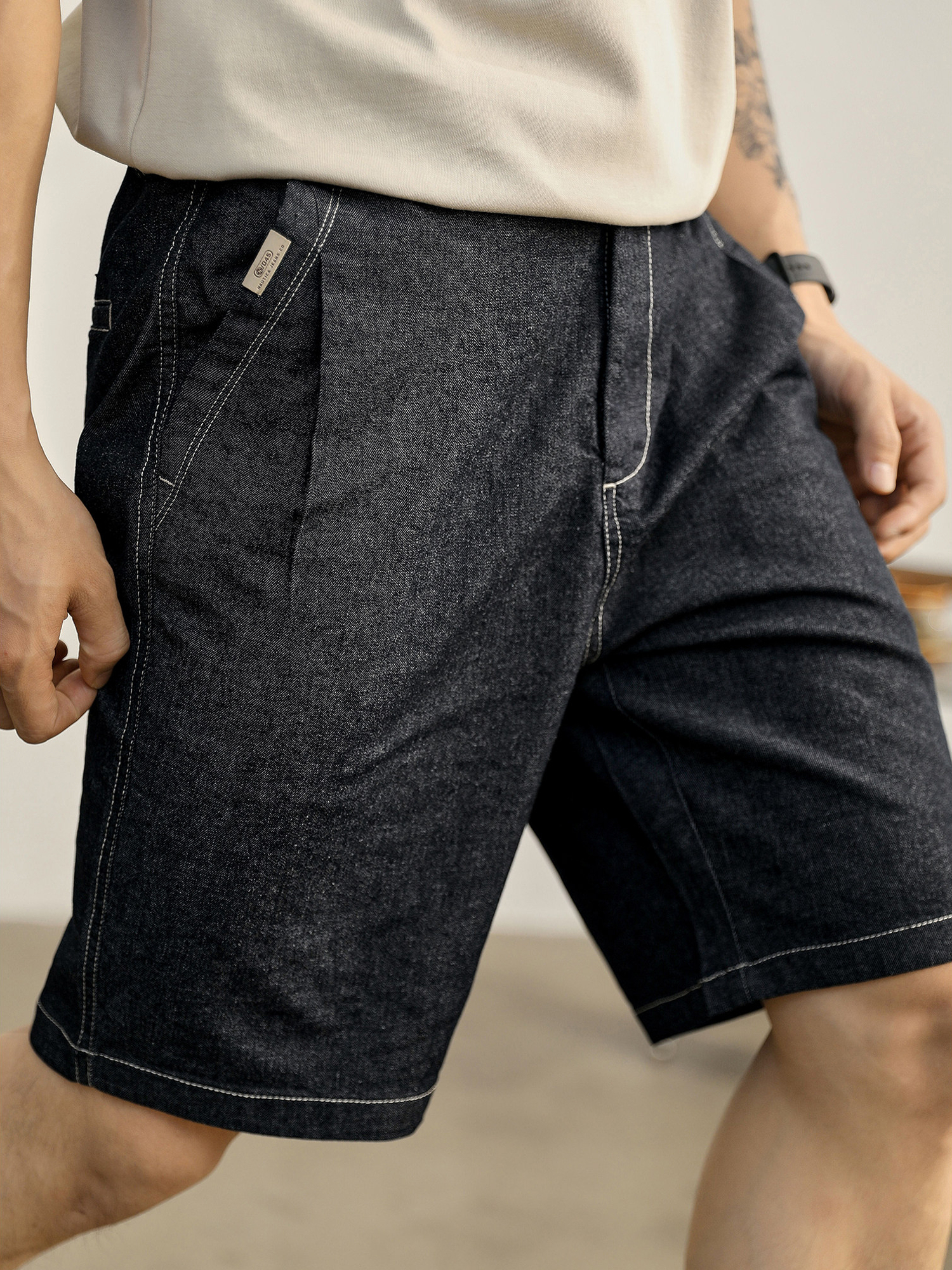 痞帥牛仔藍色直筒短褲男復古百搭立體休閒褲子半鬆緊腰中褲