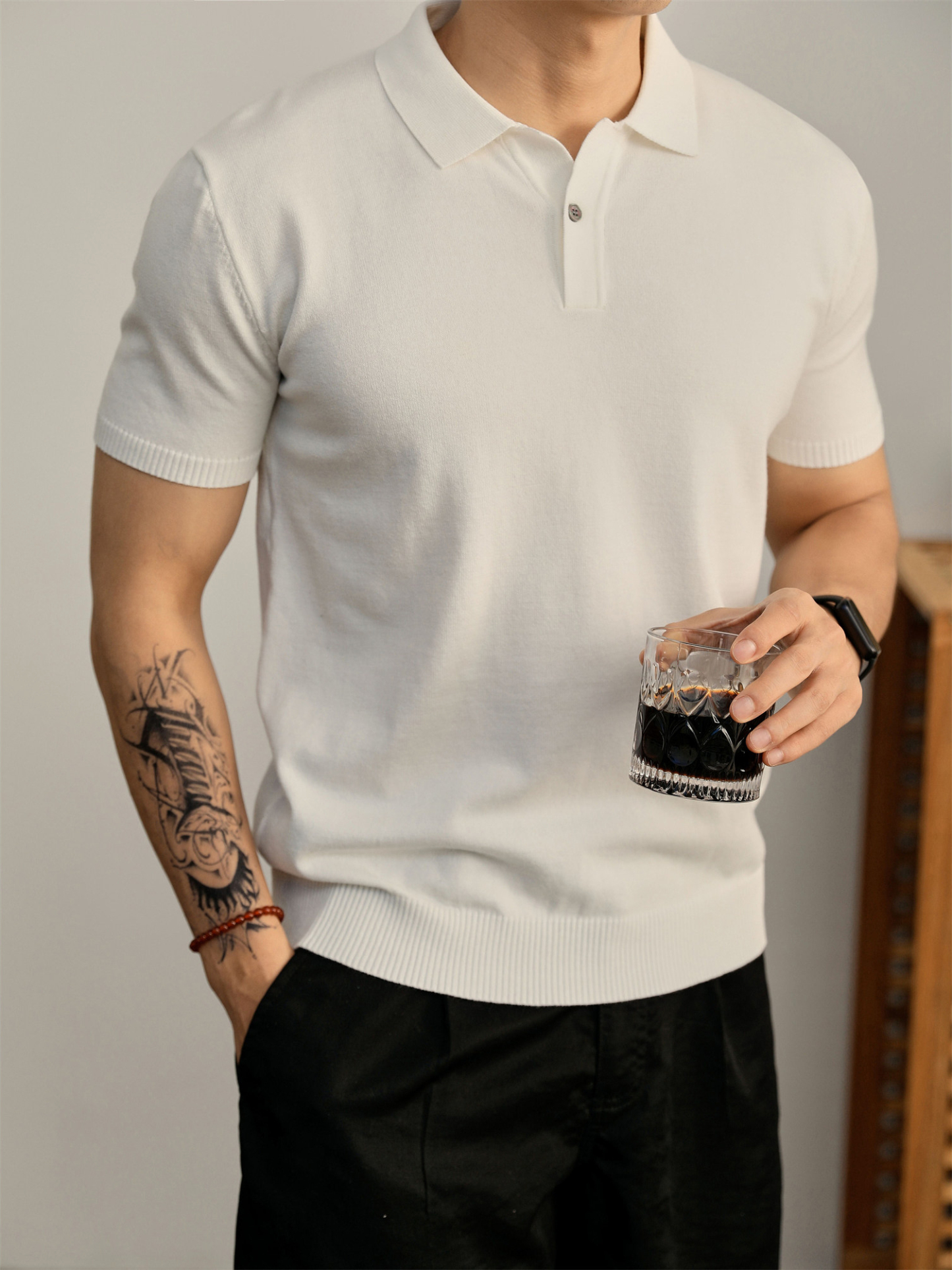 男夏季花天藍單紐扣設計翻領POLO衫輕奢休閒水洗棉針織短袖